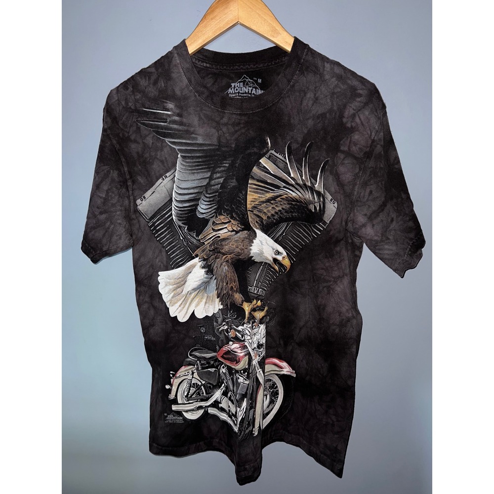 The Mountain Bald Eagle Motorcycle Tie Dye Graphic T-Shirt Mens Medium Black